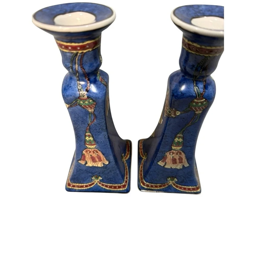 VTG Blue Cloisonne Porcelain Candlestick Holders Pair Chinese 8